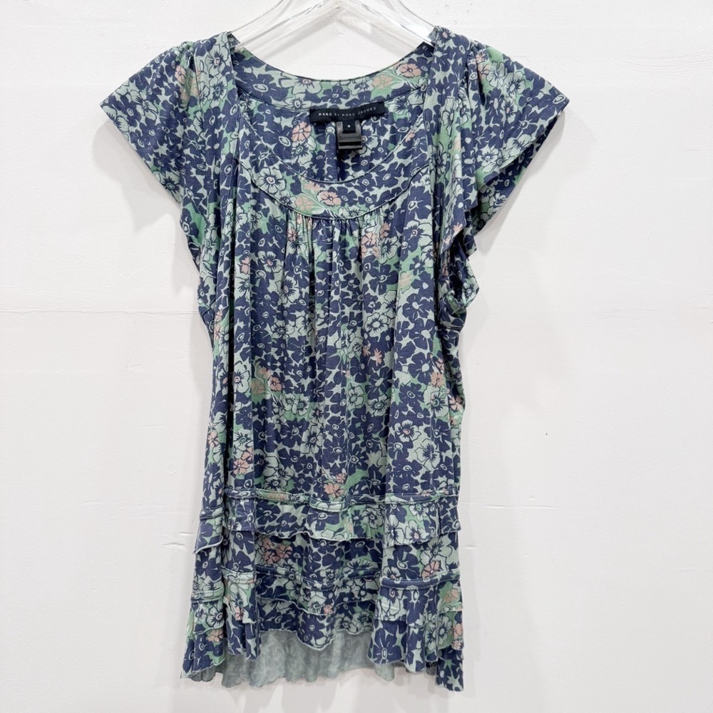 Y2K Marc by Marc Jacobs Floral Blouse Top Small Ruffle Hem Pleated Neck